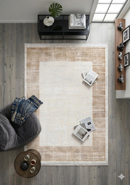 Gold Cream Greek Key Area Rug, Distressed Acrylic Living Room Carpet