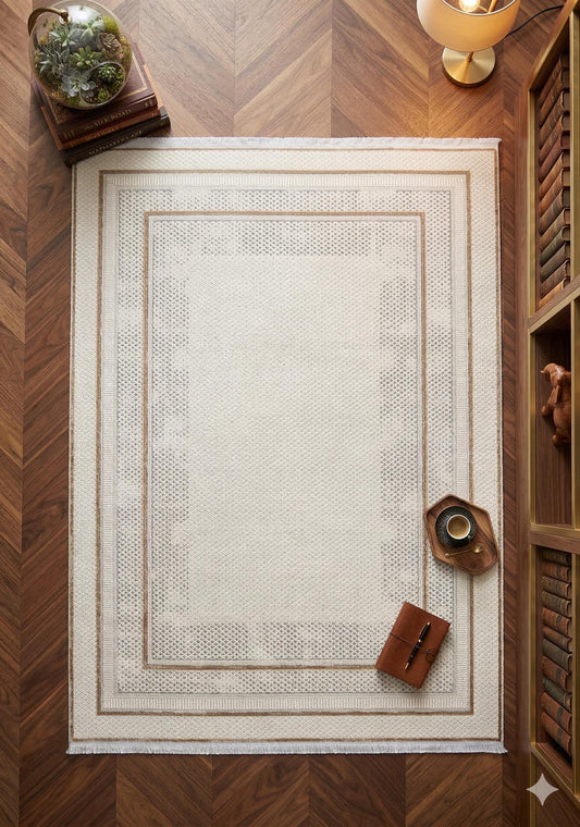 Modern Camel Cream Bordered Area Rug – Minimalist Salon Carpet, Soft Acrylic Living Room Rug