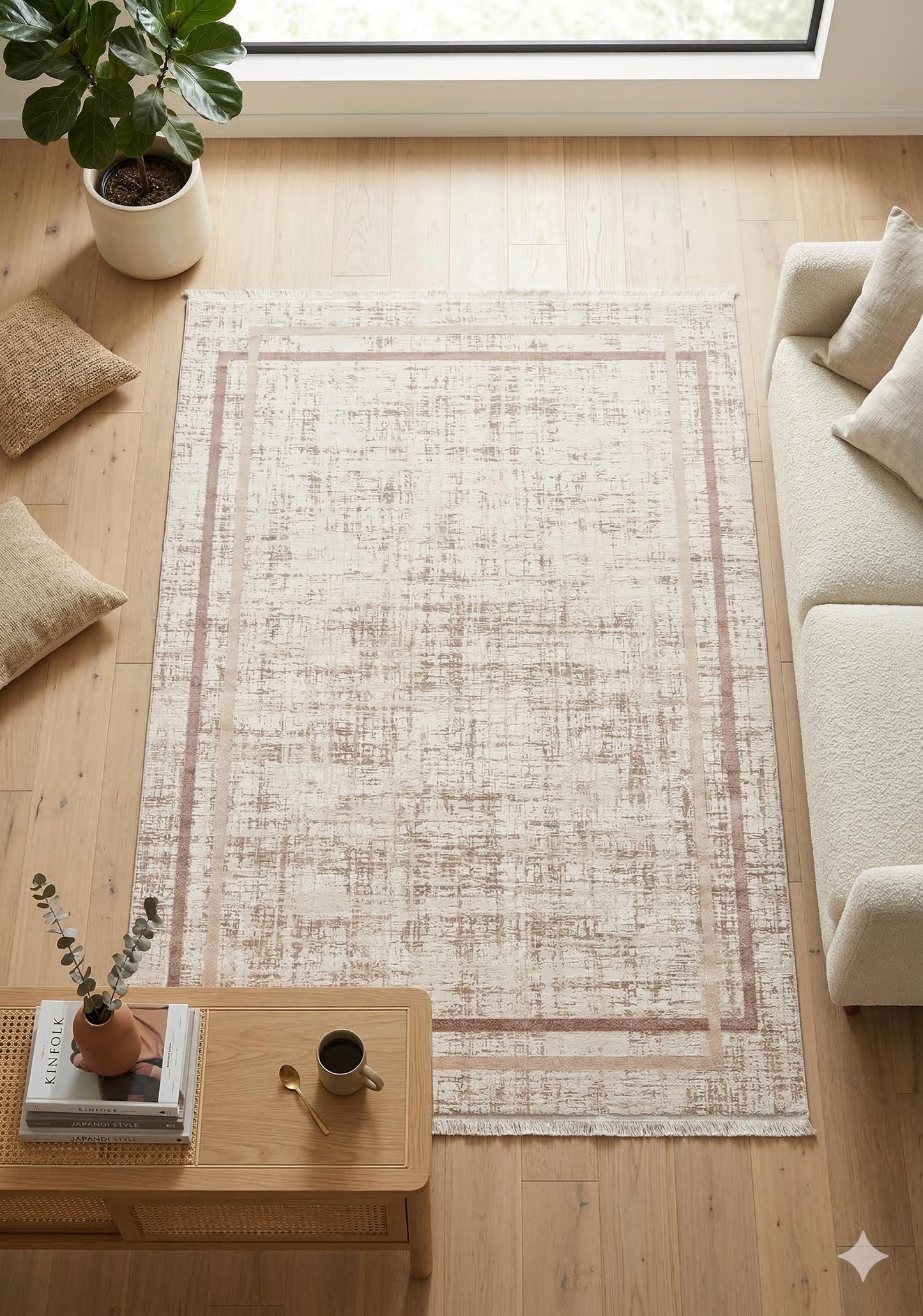 Modern Camel Cream Bordered Acrylic Area Rug – Minimalist Living Room Carpet