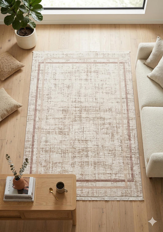 Modern Camel Cream Bordered Acrylic Area Rug – Minimalist Living Room Carpet