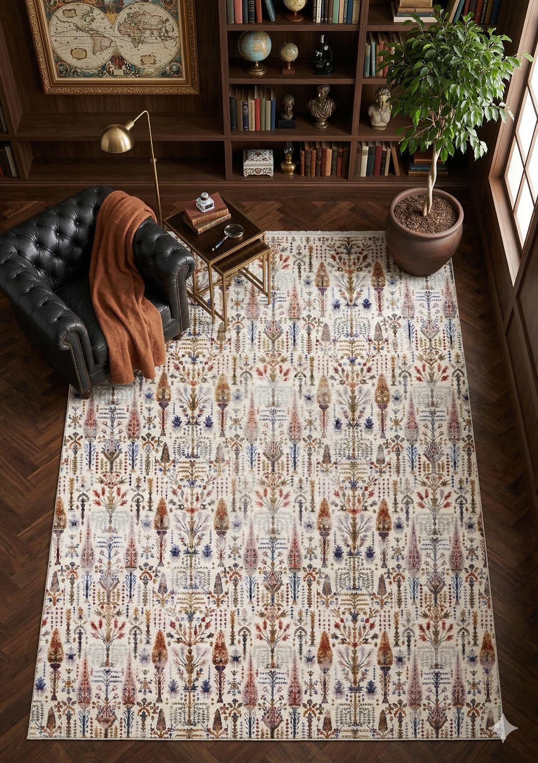 7x10ft, Modern Persian Tree of Life Rug, Distressed Oriental Carpet, Earth Tone Floral Decor