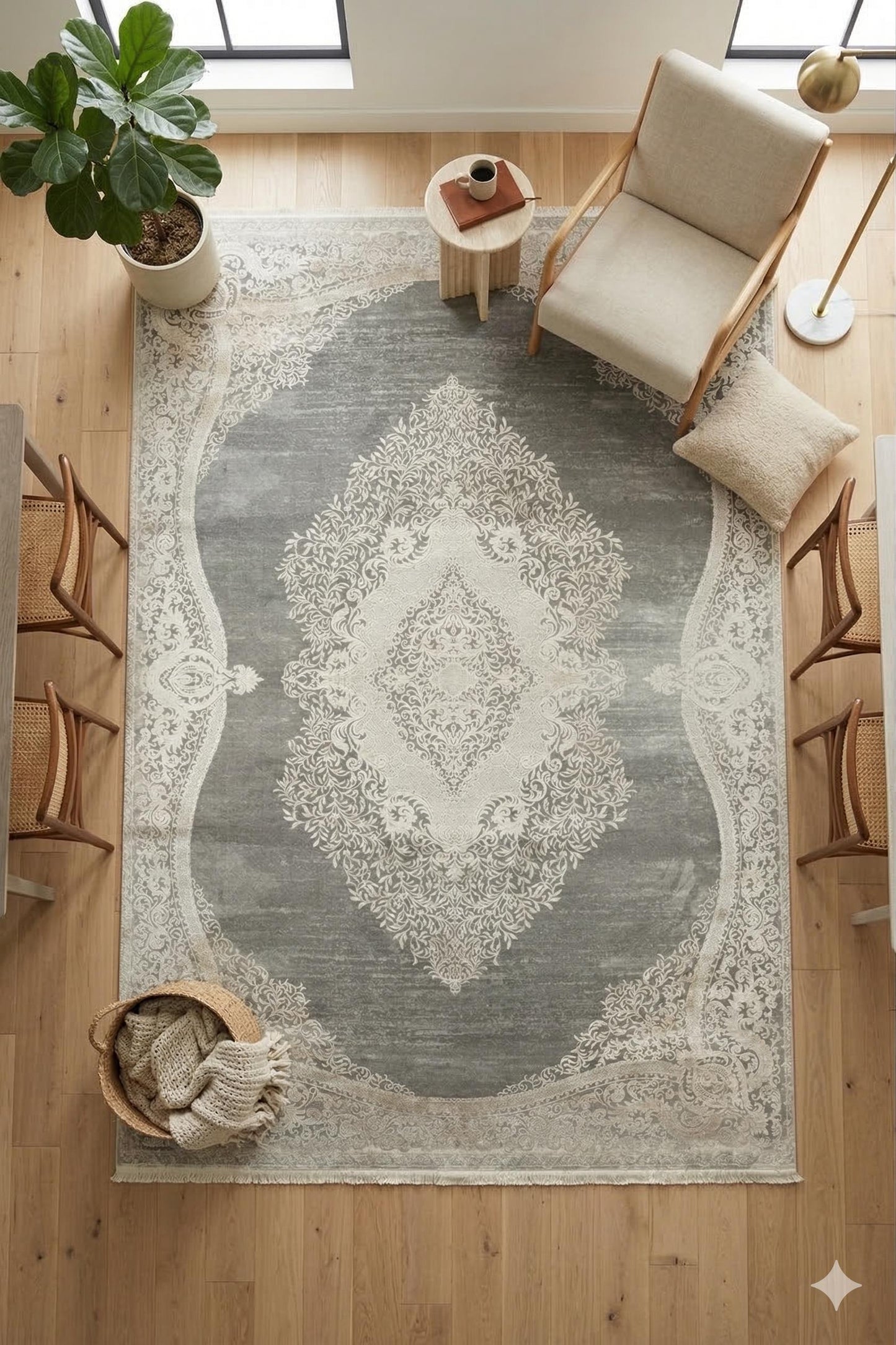 7x10 ft, Distressed Gray Rug: Viscose yarn, Medallion design carpet with Fringes