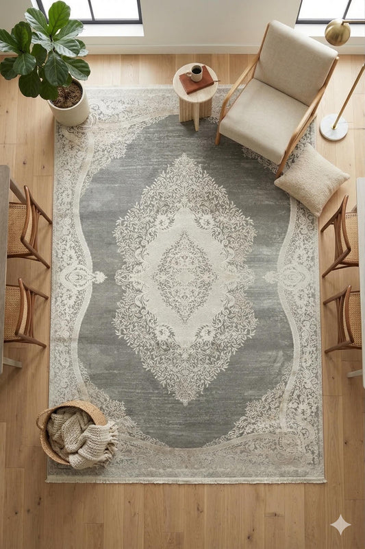 7x10 ft, Distressed Gray Rug: Viscose yarn, Medallion design carpet with Fringes