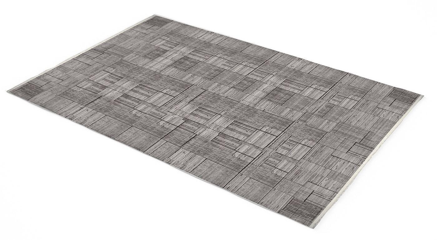 7x10ft, Modern Ash Grey Geometric Area Rug, Bamboo Viscose Blend, Abstract Linear Pattern