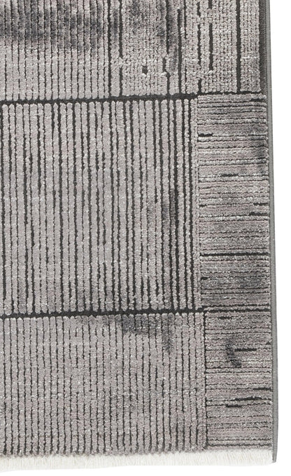 7x10ft, Modern Ash Grey Geometric Area Rug, Bamboo Viscose Blend, Abstract Linear Pattern