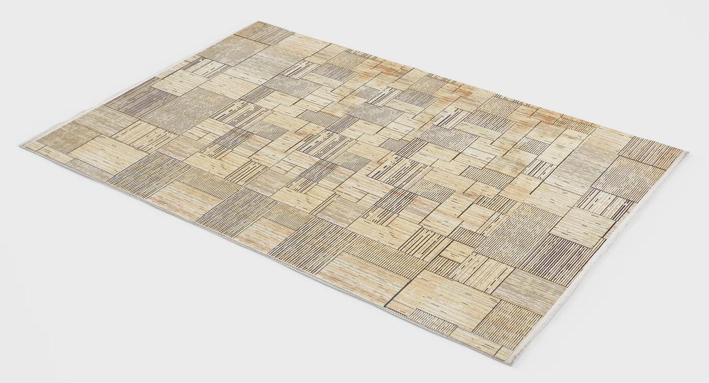 7x10ft, Modern Geometric Viscose Bamboo Silk Rug, Antique Gold Abstract Linear Salon Carpet