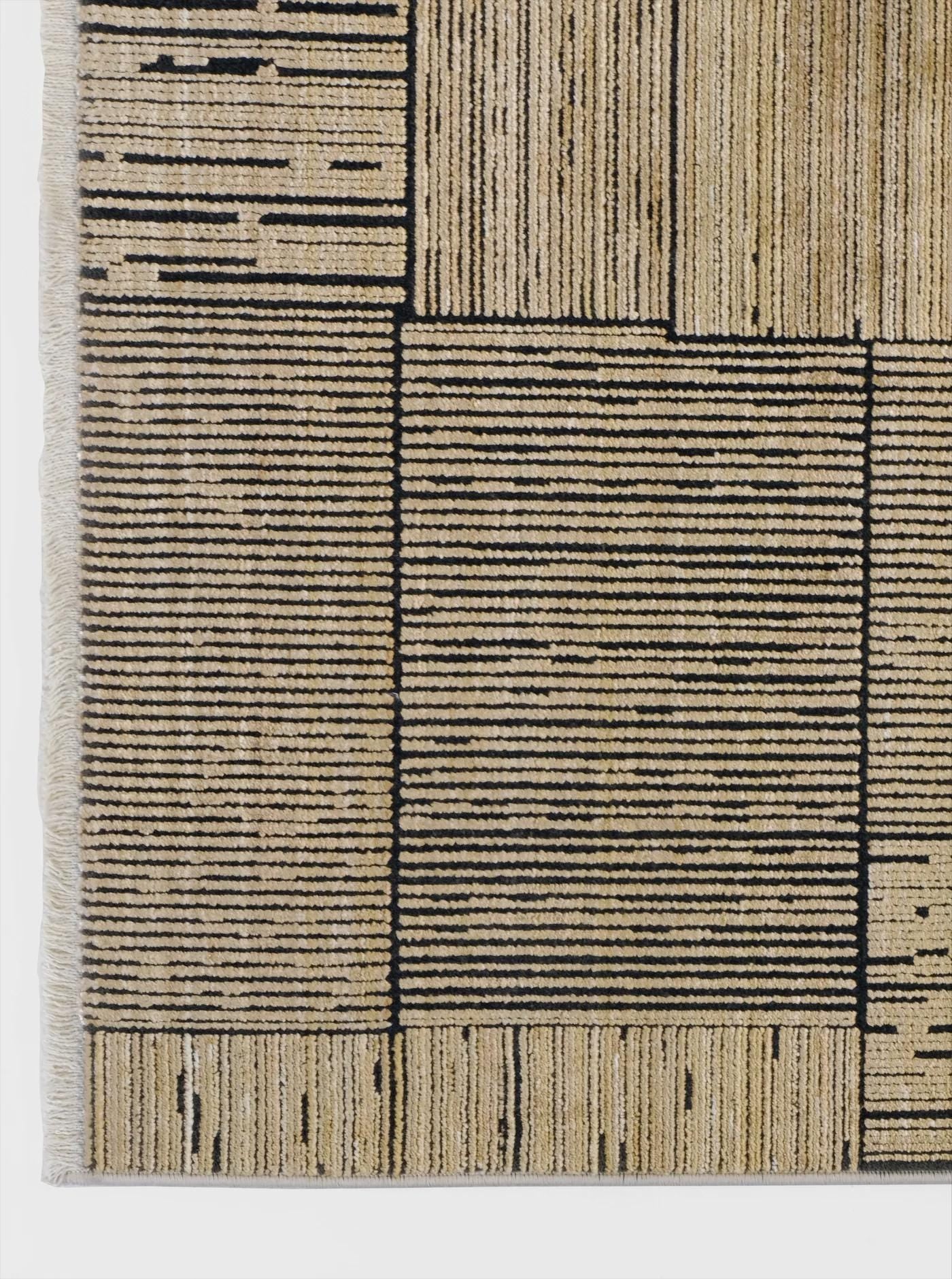7x10ft, Modern Geometric Viscose Bamboo Silk Rug, Antique Gold Abstract Linear Salon Carpet
