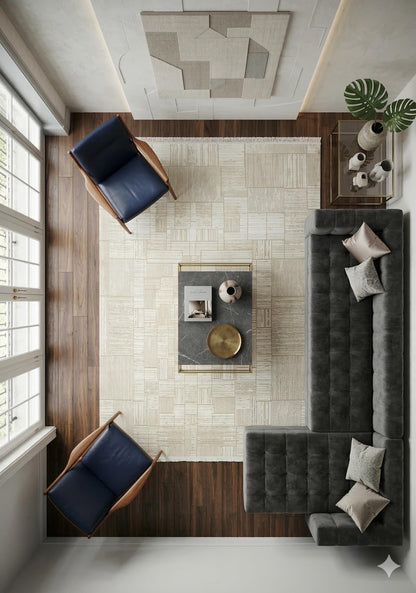 7x10ft, Modern Pearl Geometric Area Rug, Bamboo Silk Viscose Grid Carpet