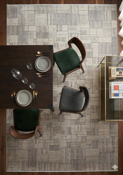 7x10ft, Modern Geometric Viscose Bamboo Silk Rug, Antique Gold Abstract Linear Salon Carpet