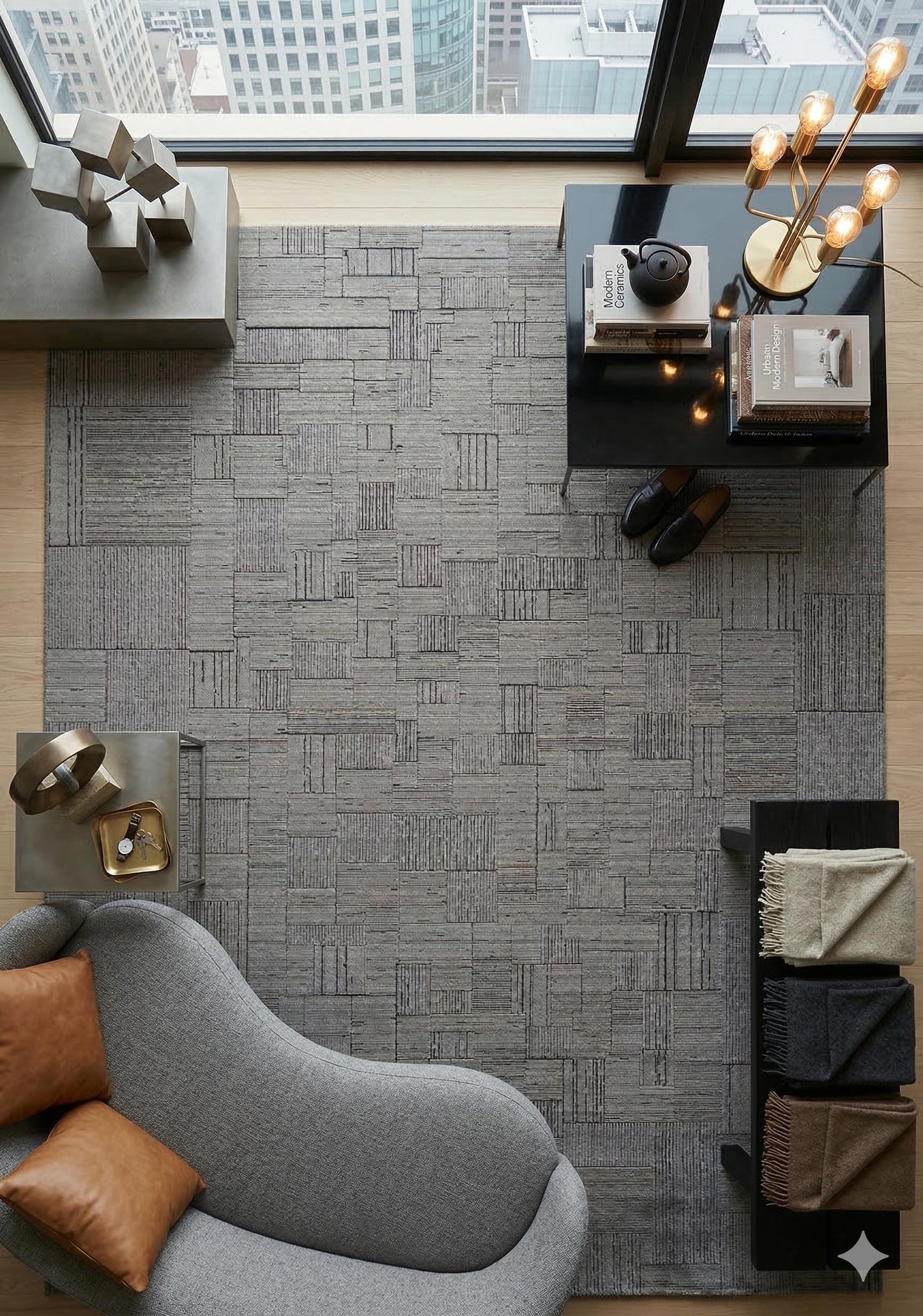 7x10ft, Modern Ash Grey Geometric Area Rug, Bamboo Viscose Blend, Abstract Linear Pattern