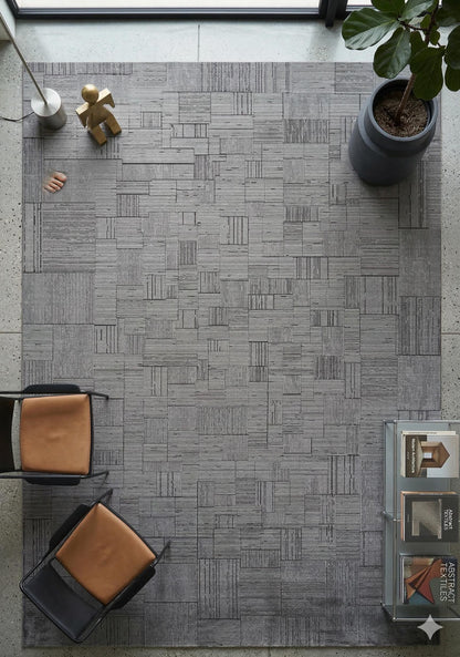 7x10ft, Modern Ash Grey Geometric Area Rug, Bamboo Viscose Blend, Abstract Linear Pattern