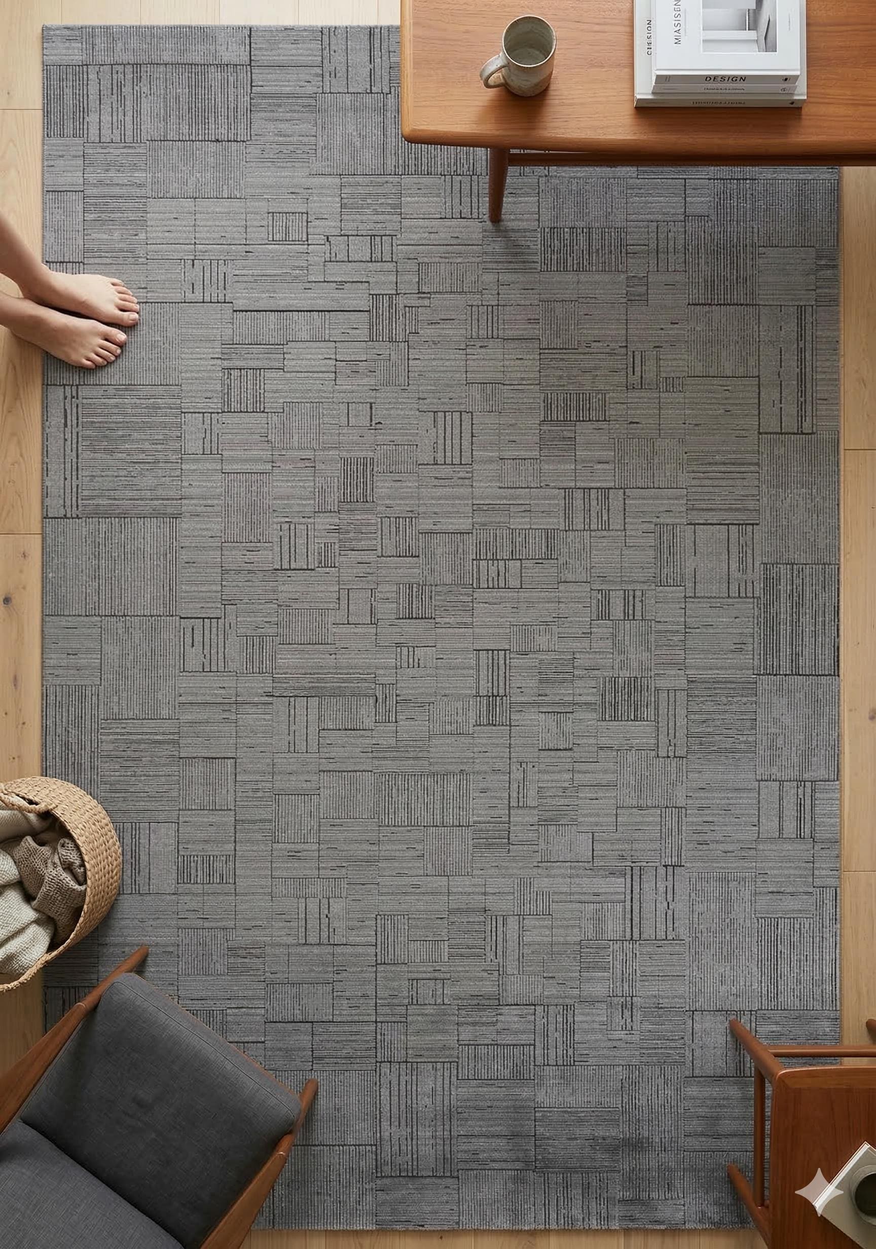 7x10ft, Modern Ash Grey Geometric Area Rug, Bamboo Viscose Blend, Abstract Linear Pattern