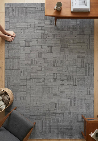 7x10ft, Modern Ash Grey Geometric Area Rug, Bamboo Viscose Blend, Abstract Linear Pattern