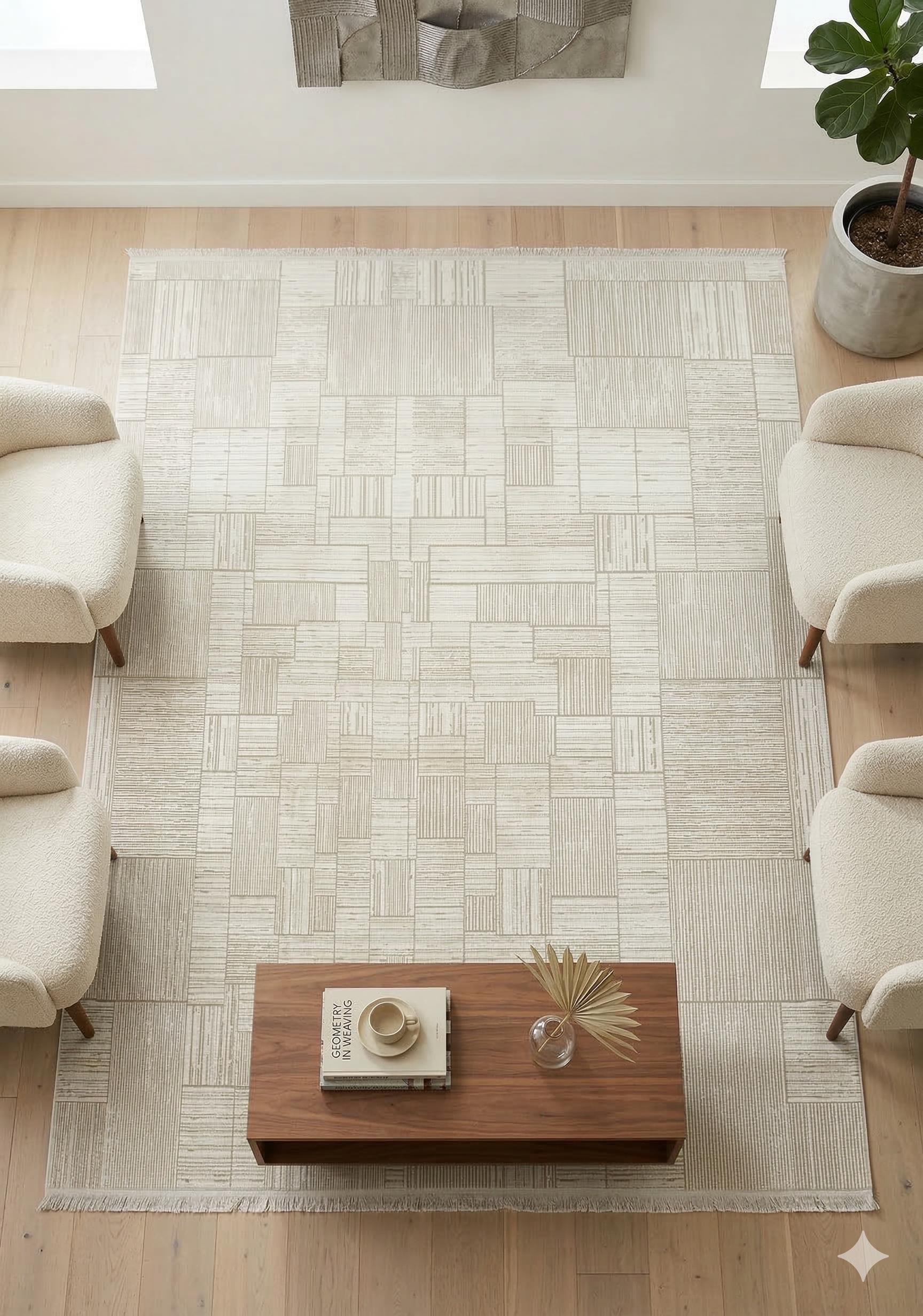 7x10ft, Modern Pearl Geometric Area Rug, Bamboo Silk Viscose Grid Carpet