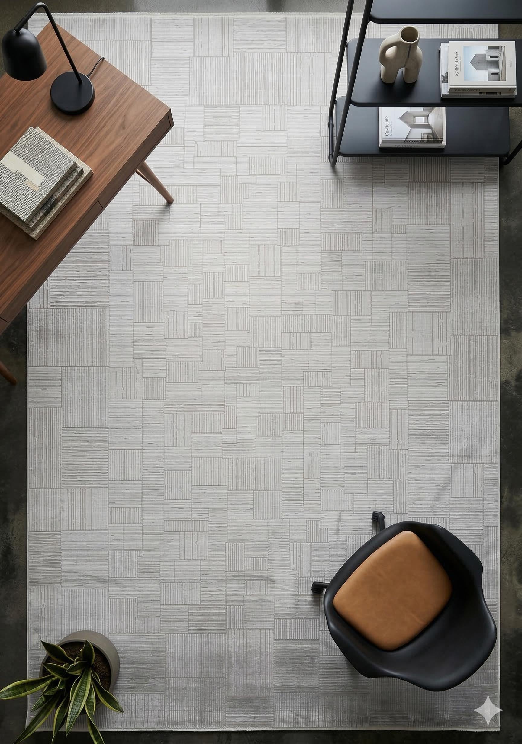 7x10ft, Modern Geometric Area Rug, Silver Grey Bamboo Silk Carpet, Abstract Line Design
