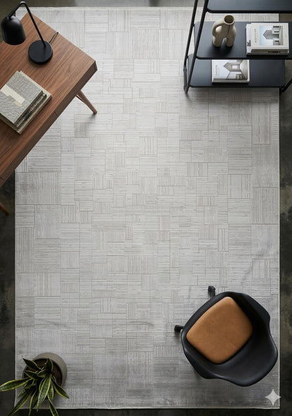 7x10ft, Modern Geometric Area Rug, Silver Grey Bamboo Silk Carpet, Abstract Line Design