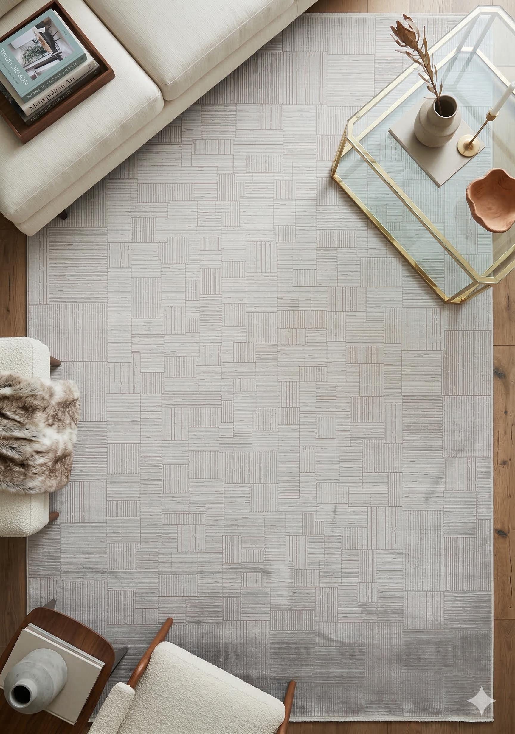 7x10ft, Modern Geometric Area Rug, Silver Grey Bamboo Silk Carpet, Abstract Line Design