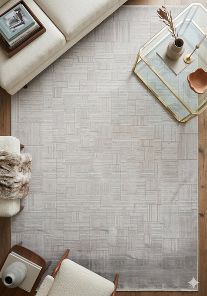 7x10ft, Modern Geometric Area Rug, Silver Grey Bamboo Silk Carpet, Abstract Line Design