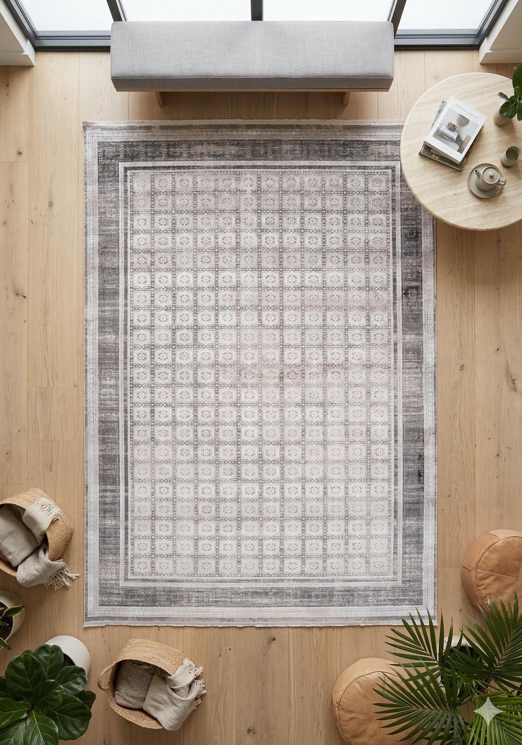 7x10ft, Distressed Oriental Rug, Neutral Gray Viscose Blend, Persian Style Living Room Carpet