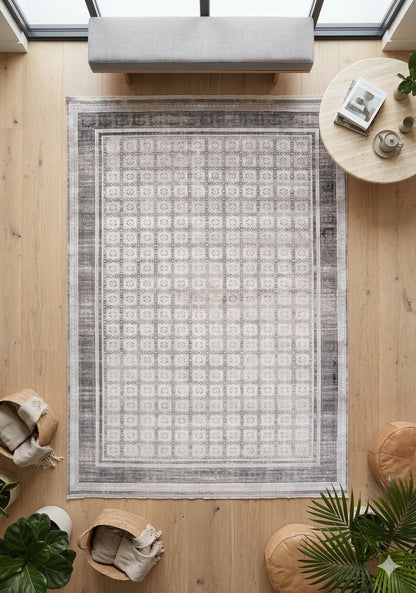 7x10ft, Distressed Oriental Rug, Neutral Gray Viscose Blend, Persian Style Living Room Carpet
