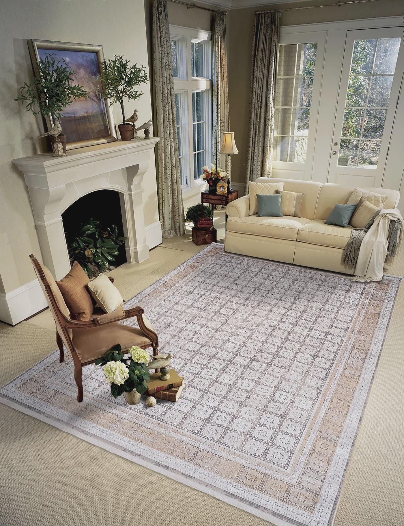 7x10ft, Modern Geometric Viscose Rug, Distressed Neutral Beige Cream Living Room Carpet