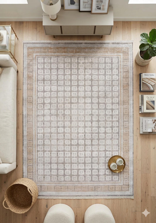 7x10ft, Modern Geometric Viscose Rug, Distressed Neutral Beige Cream Living Room Carpet