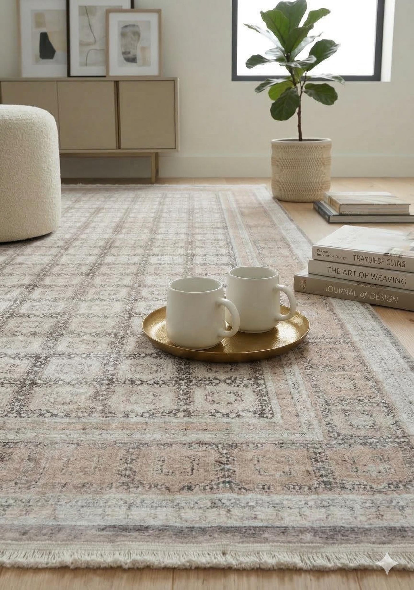 7x10ft, Modern Geometric Viscose Rug, Distressed Neutral Beige Cream Living Room Carpet