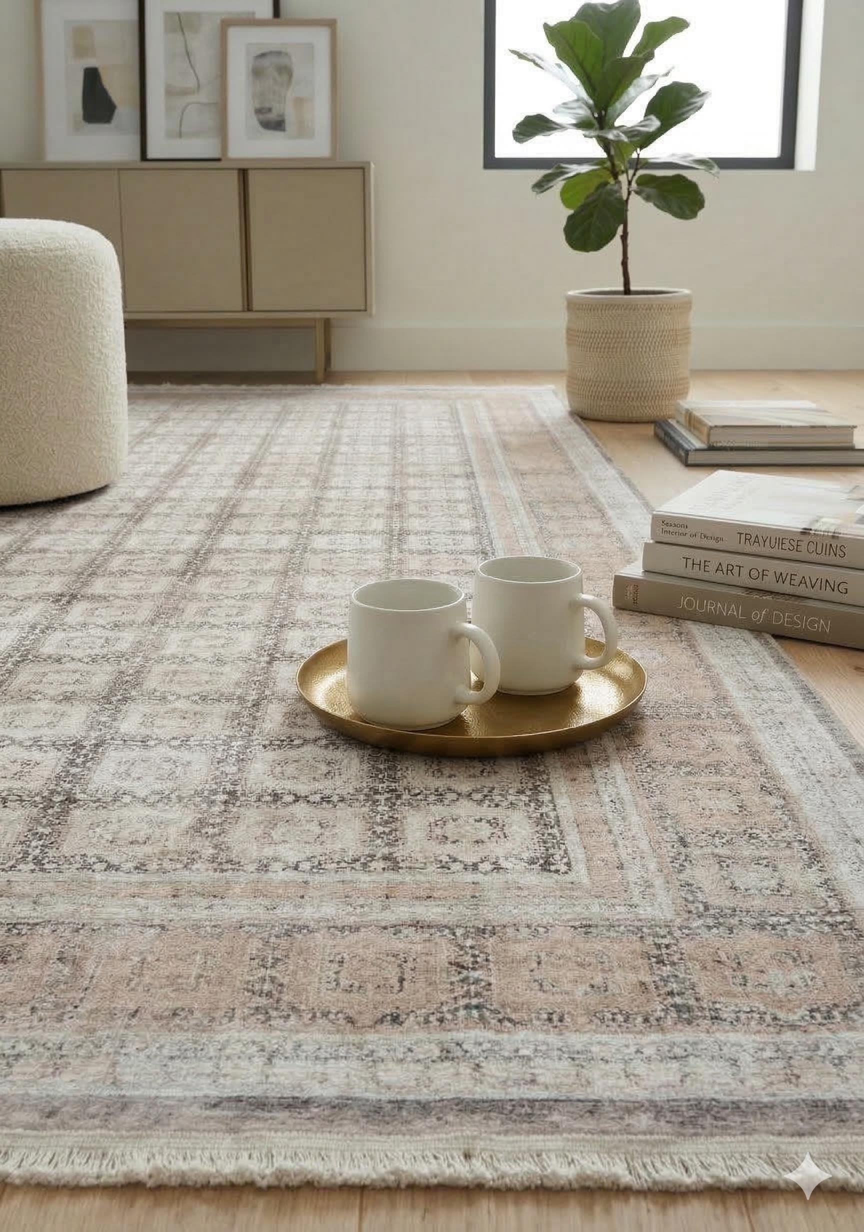 7x10ft, Modern Geometric Viscose Rug, Distressed Neutral Beige Cream Living Room Carpet