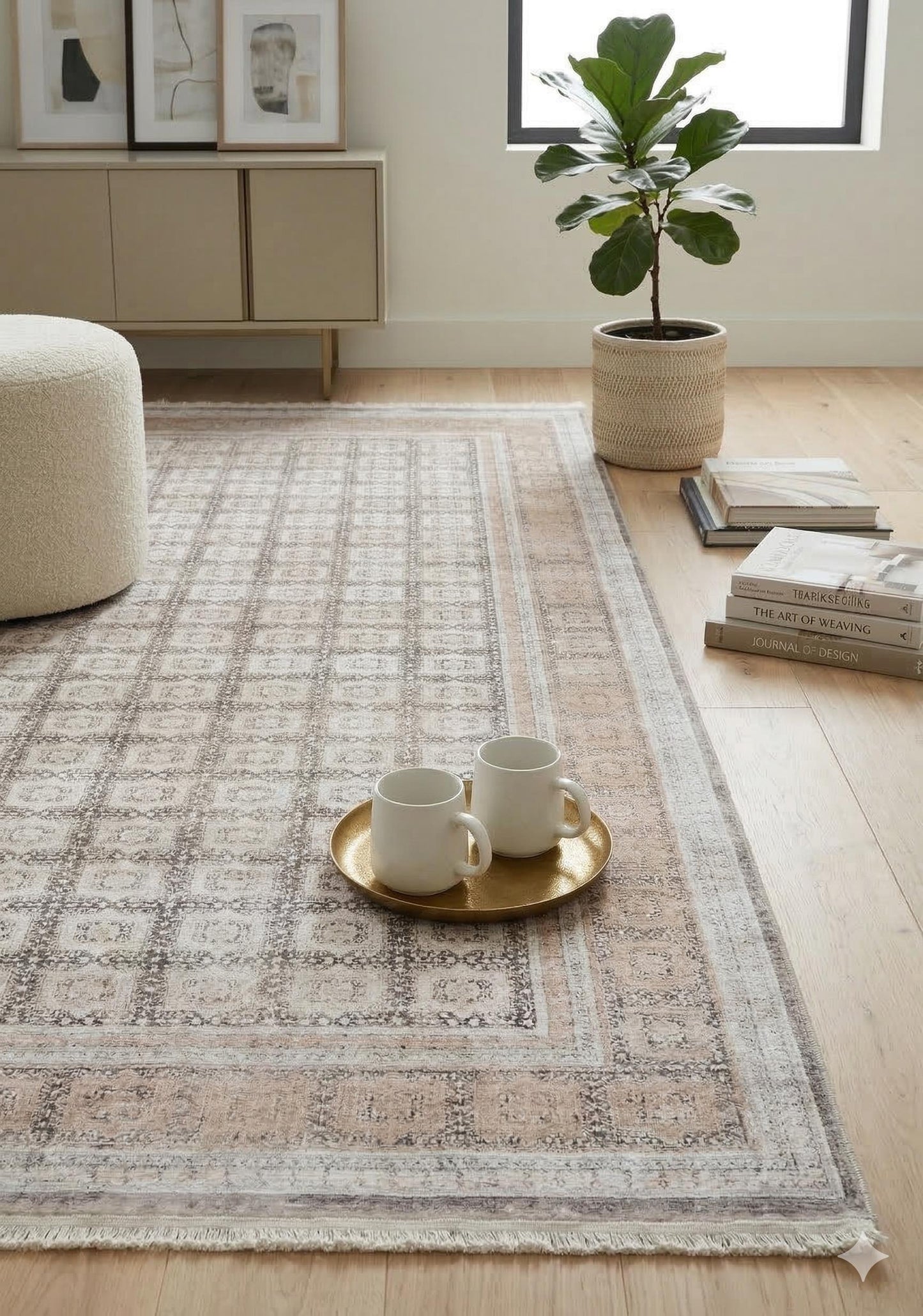 7x10ft, Modern Geometric Viscose Rug, Distressed Neutral Beige Cream Living Room Carpet