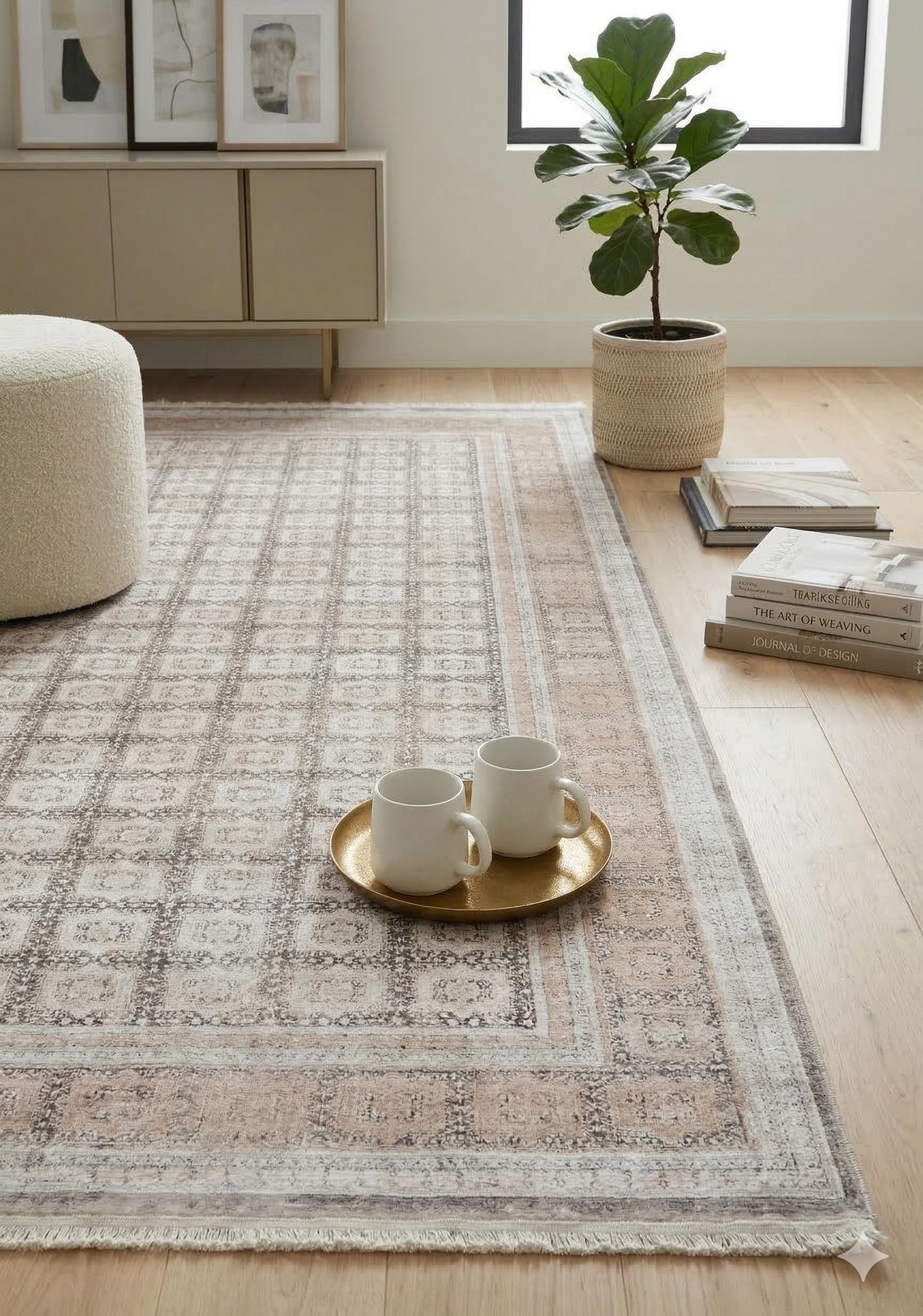 7x10ft, Modern Geometric Viscose Rug, Distressed Neutral Beige Cream Living Room Carpet