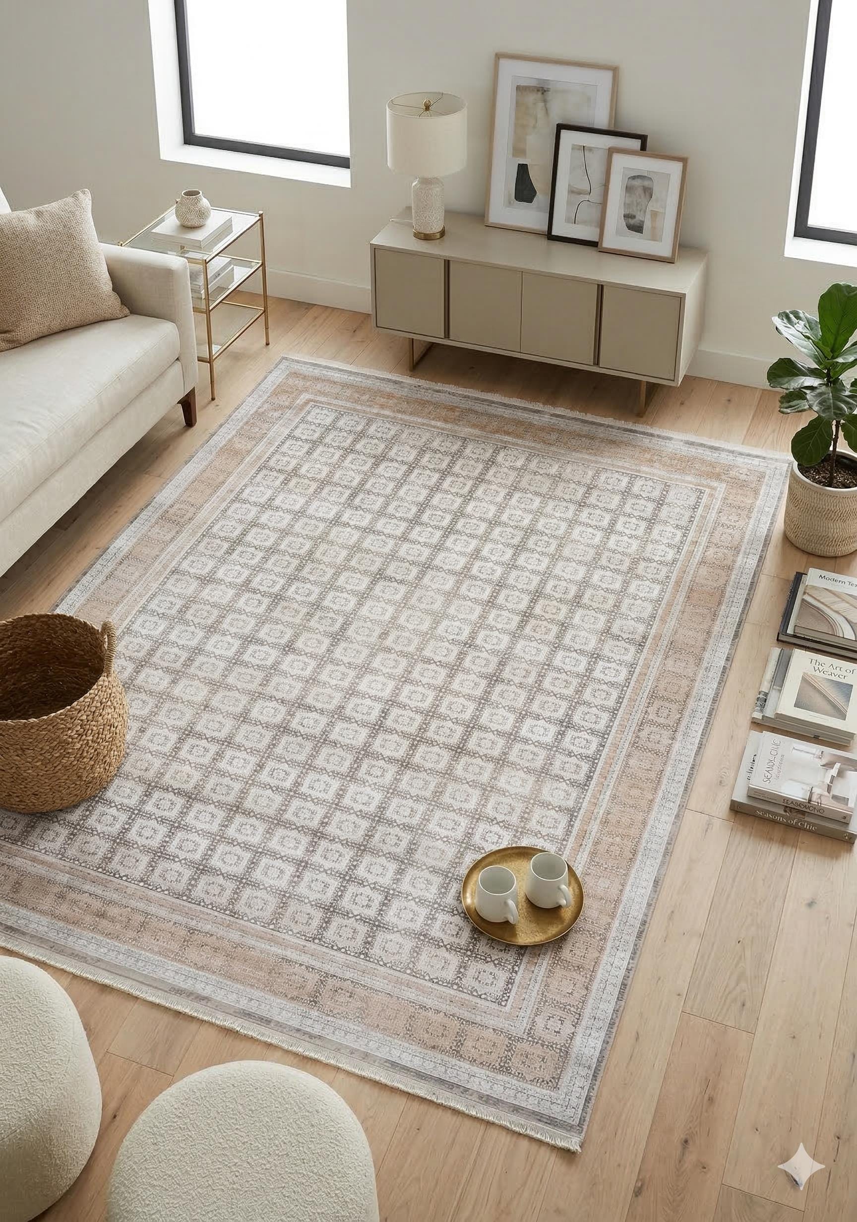 7x10ft, Modern Geometric Viscose Rug, Distressed Neutral Beige Cream Living Room Carpet