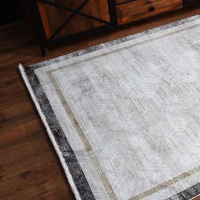 7x10ft, Modern Geometric Area Rug, Neutral Grey Beige Viscose Living Room Carpet