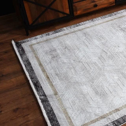 7x10ft, Modern Geometric Area Rug, Neutral Grey Beige Viscose Living Room Carpet