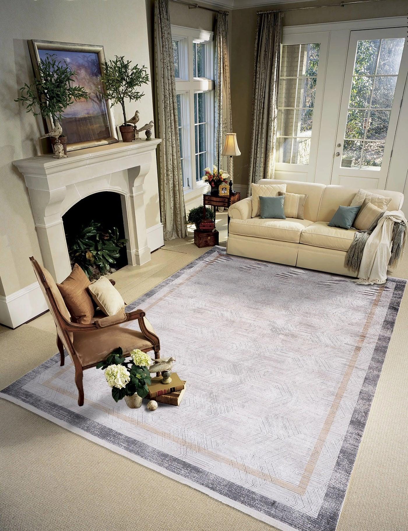 7x10ft, Modern Geometric Area Rug, Neutral Grey Beige Viscose Living Room Carpet