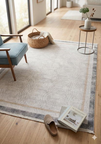7x10ft, Modern Geometric Area Rug, Neutral Grey Beige Viscose Living Room Carpet