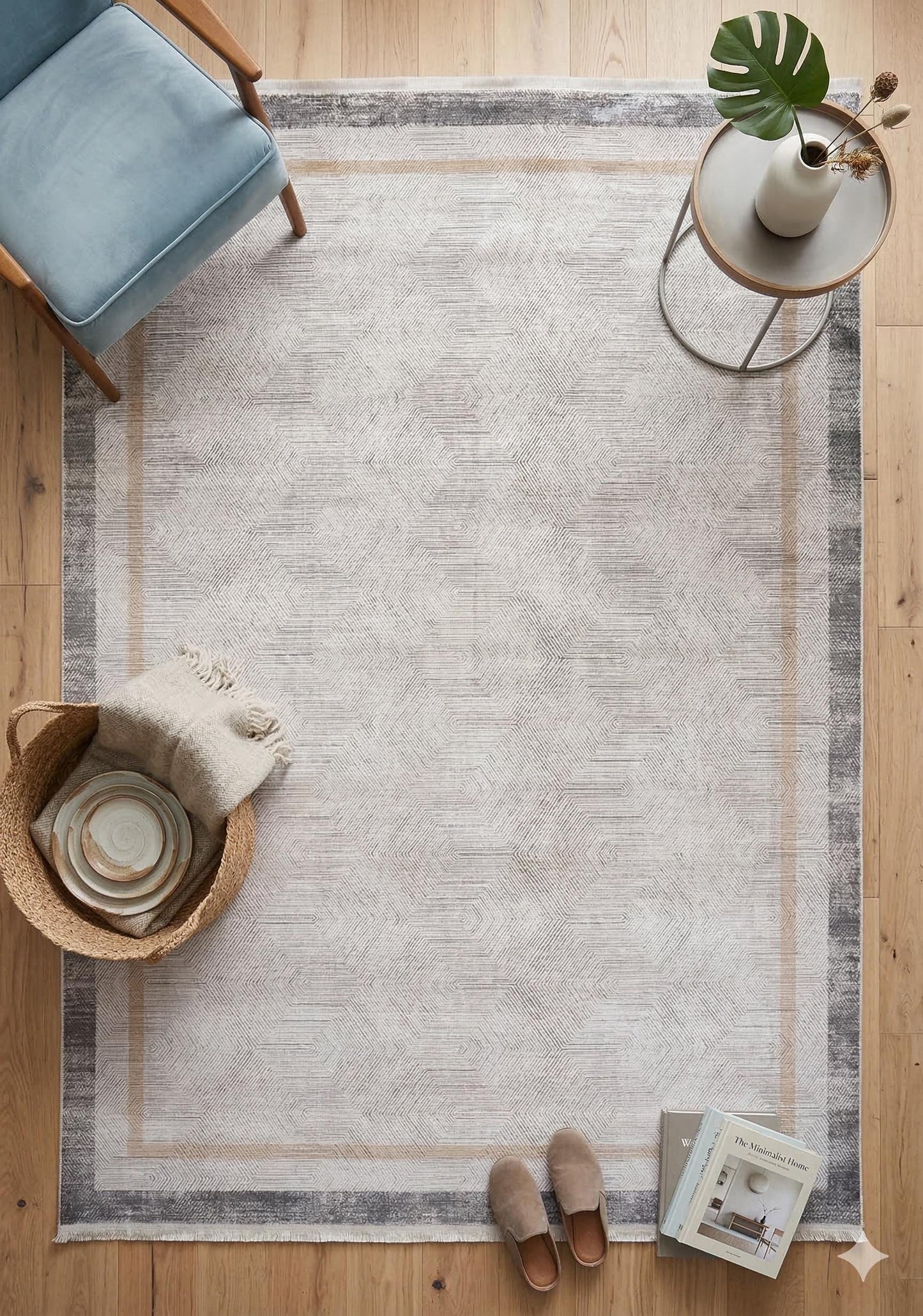 7x10ft, Modern Geometric Area Rug, Neutral Grey Beige Viscose Living Room Carpet