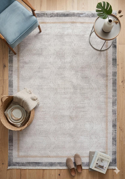 7x10ft, Modern Geometric Area Rug, Neutral Grey Beige Viscose Living Room Carpet