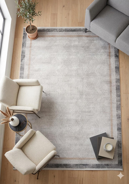 7x10ft, Modern Geometric Area Rug, Neutral Grey Beige Viscose Living Room Carpet