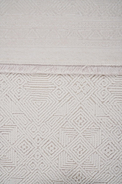 7x10ft, Cream Viscose Geometric Area Rug, Tone-on-Tone Boho Living Room Carpet