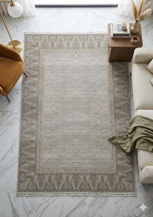 7x10 ft, Beige Classic oriental Rug: Bamboo Yarn,fine fringes carpet
