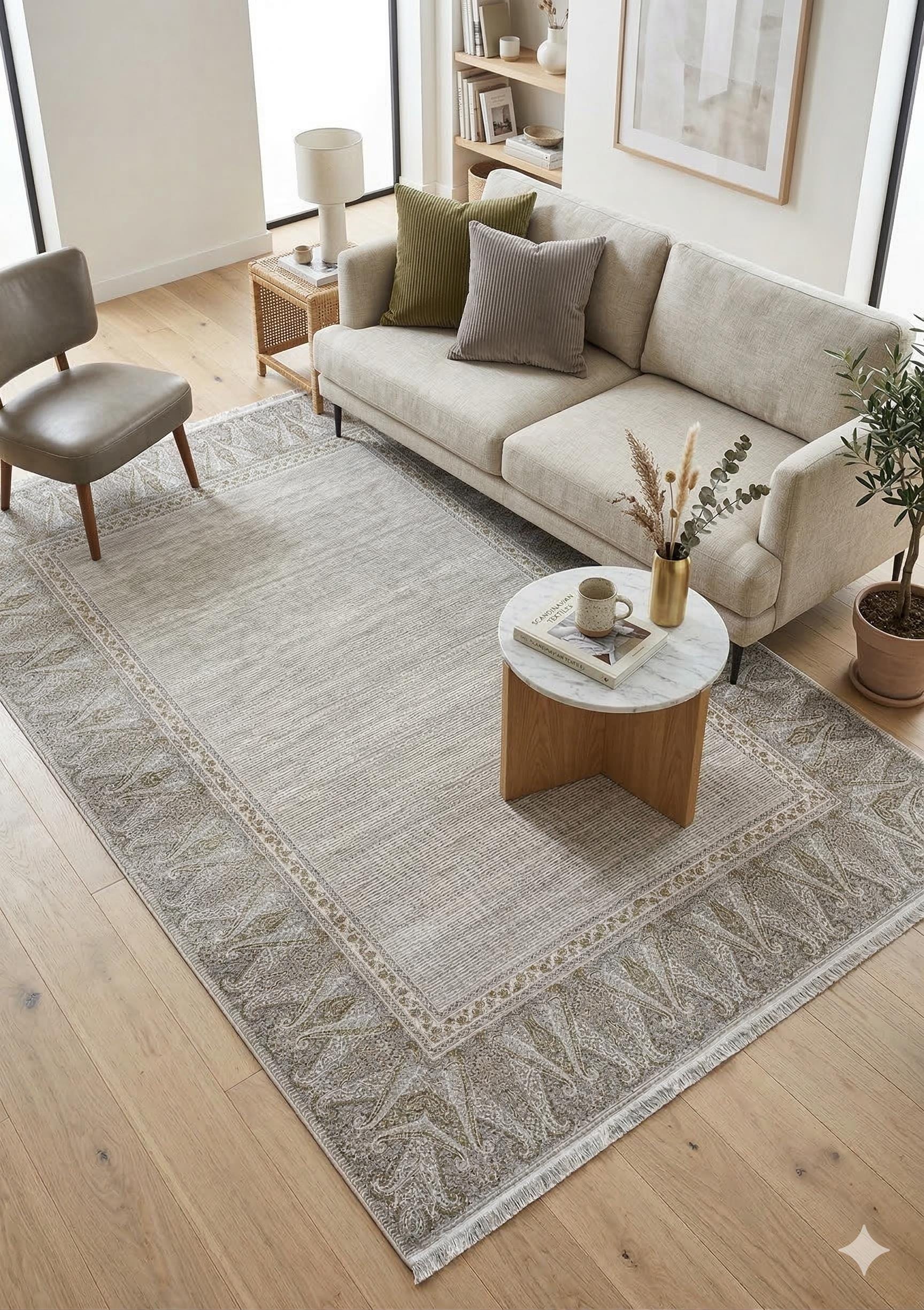 7x10 ft, Beige Classic oriental Rug: Bamboo Yarn,fine fringes carpet