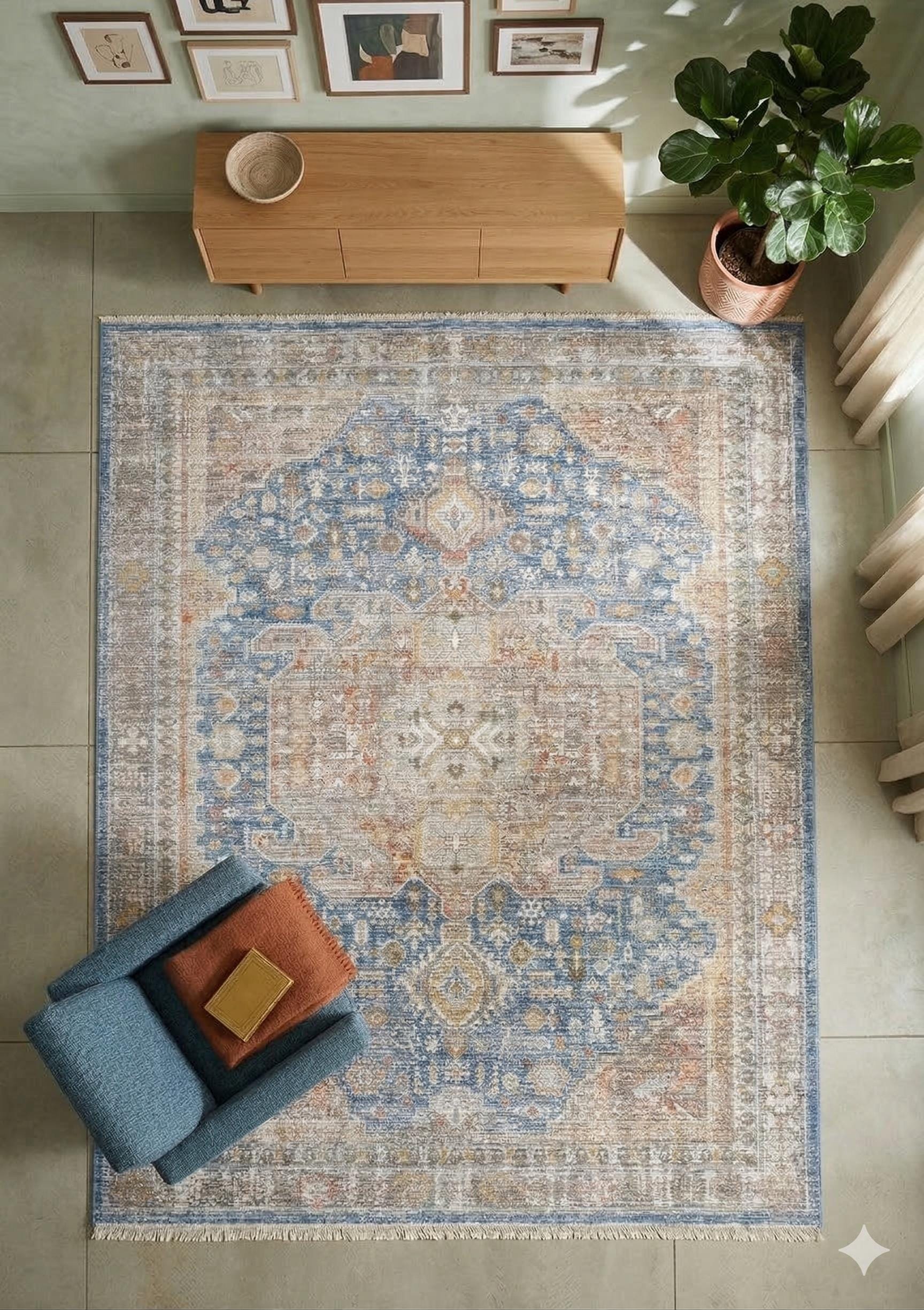 Distressed Medallion Area Rug – Blue Boho Vintage Carpet, Machine Washable Antiallergic (200x290 cm)