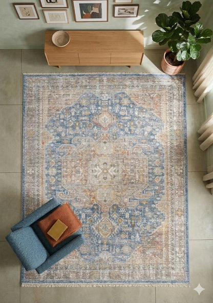 Distressed Medallion Area Rug – Blue Boho Vintage Carpet, Machine Washable Antiallergic (200x290 cm)