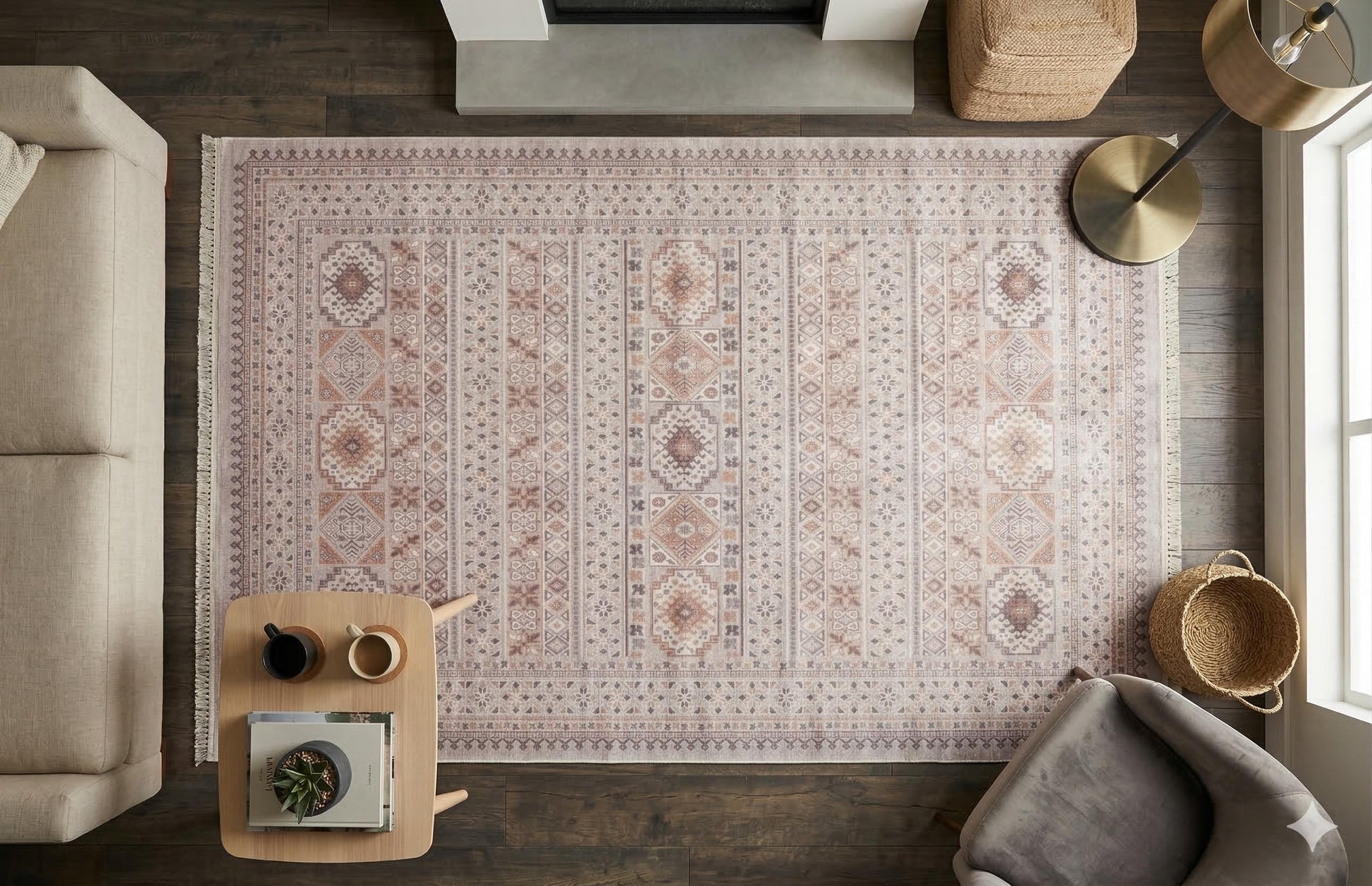 Beige Vintage Oriental Classic Rug: Washable Beige Oushak Carpet with Tassels