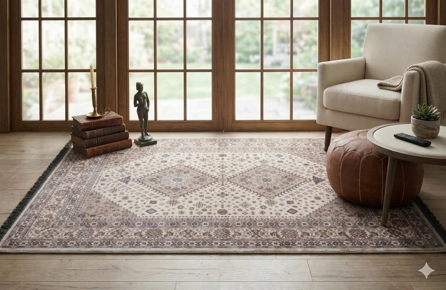 Beige Vintage Oriental Classic Rug: Washable Beige Oushak Carpet with Tassels
