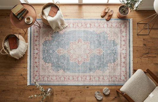 Blue Vintage Oriental Classic Rug: Washable Blue Carpet with Tassels