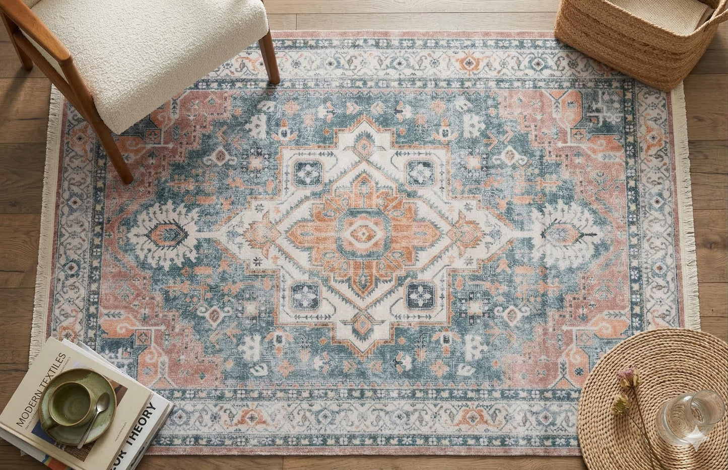 Blue Vintage Oriental Classic Rug: Washable Blue Carpet with Tassels