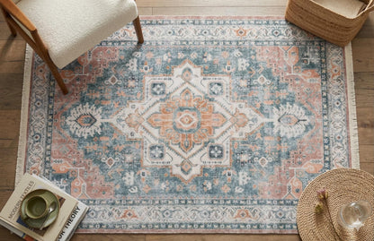 Blue Vintage Oriental Classic Rug: Washable Blue Carpet with Tassels