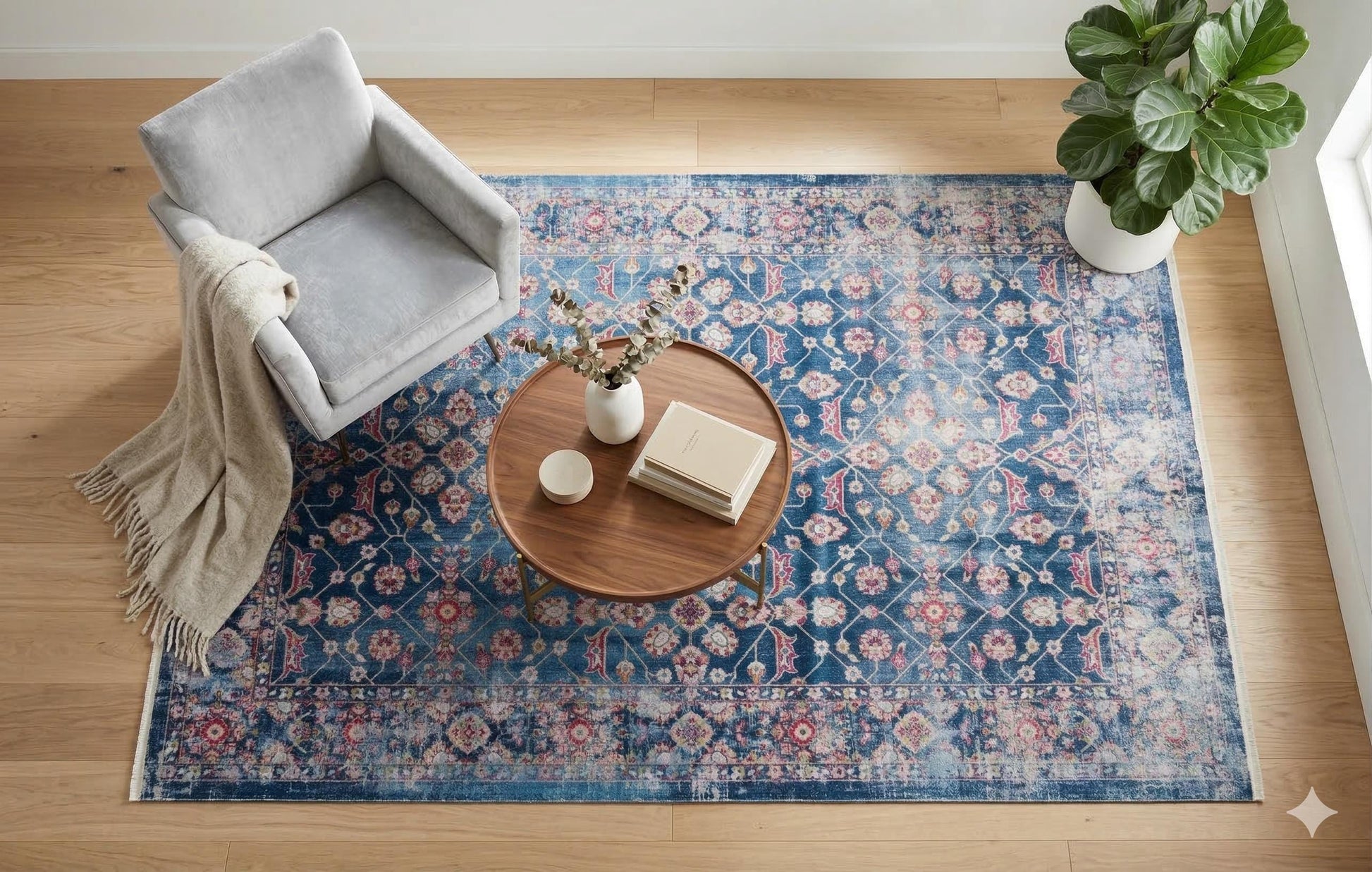 Blue Vintage Oriental Classic Rug: Washable Blue Carpet with Tassels