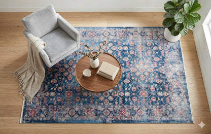 Blue Vintage Oriental Classic Rug: Washable Blue Carpet with Tassels